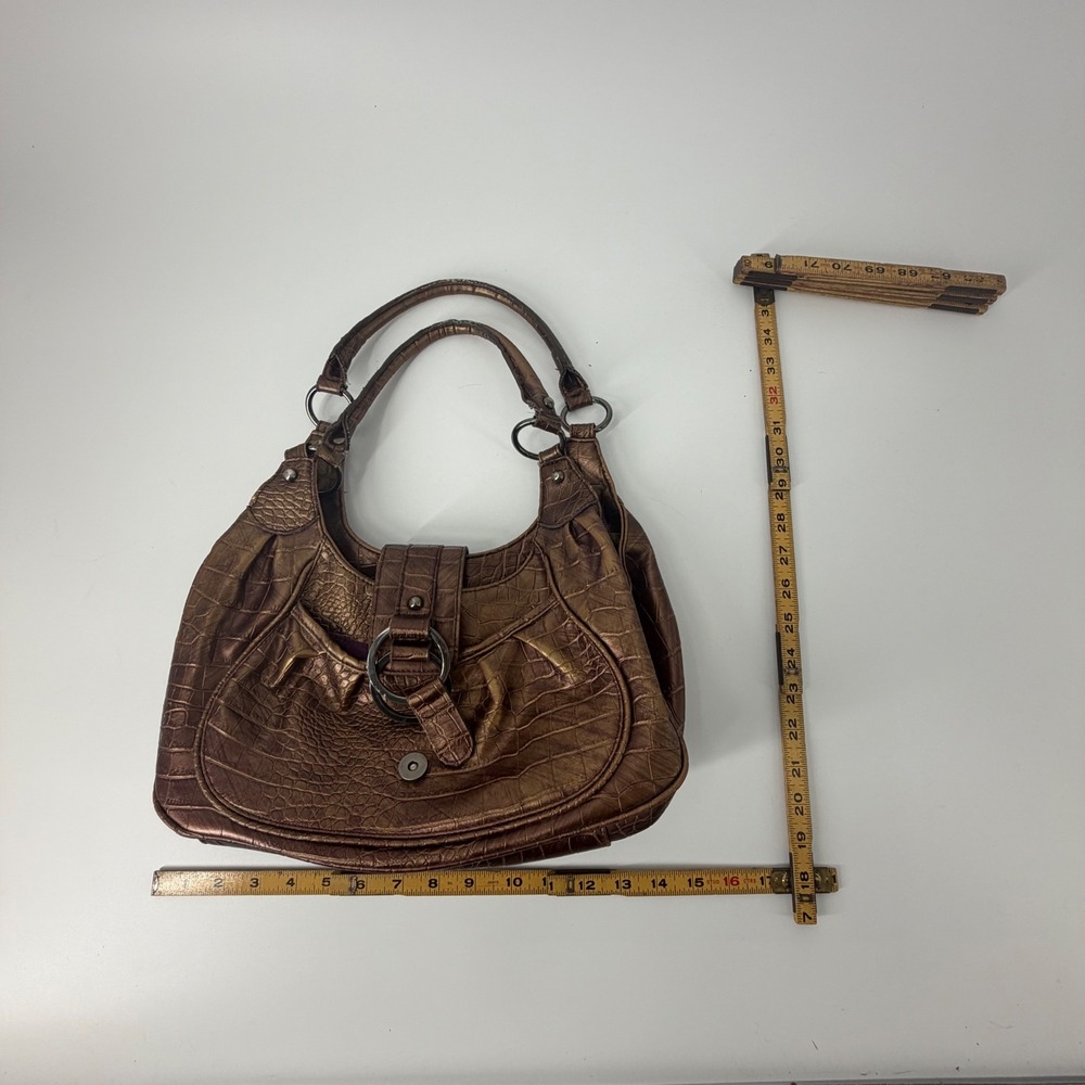 Y2K Mondani New York Bronze Metallic Croc Embossed Hobo Bag Purple Lining - Picture 8 of 8